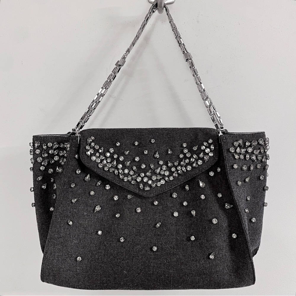 Ermanno Scervino Grey Wool Crystal Embroidered Chain Medium Shoulder Tote Bag